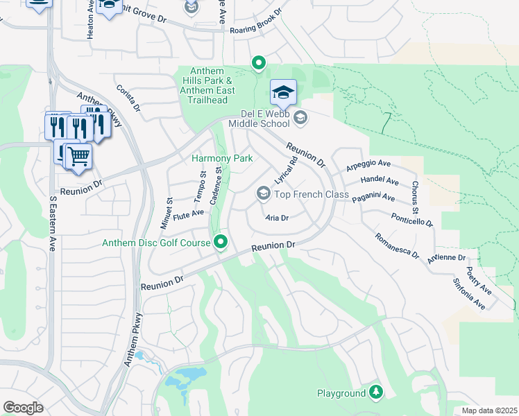 map of restaurants, bars, coffee shops, grocery stores, and more near 2297 Aria Drive in Henderson