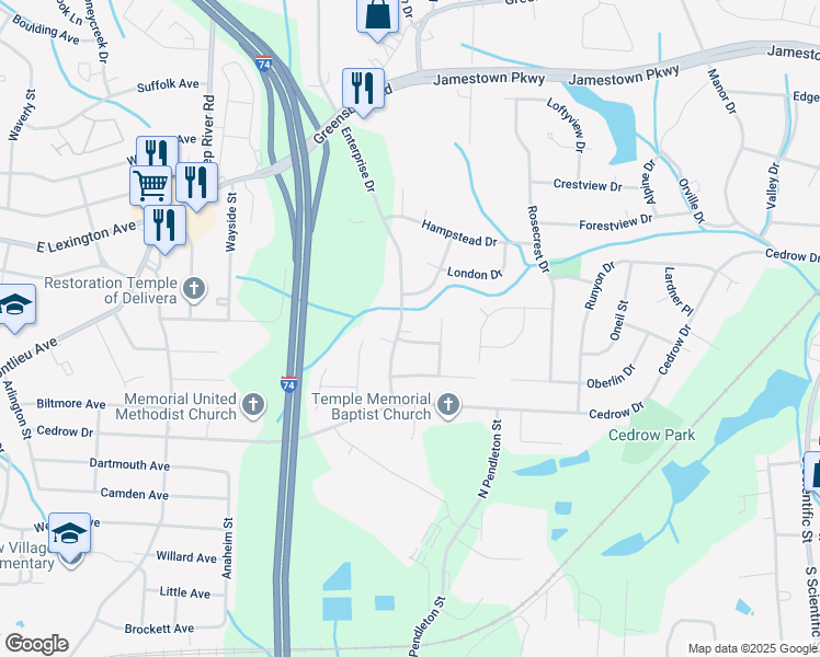 map of restaurants, bars, coffee shops, grocery stores, and more near 1016 Enterprise Drive in High Point