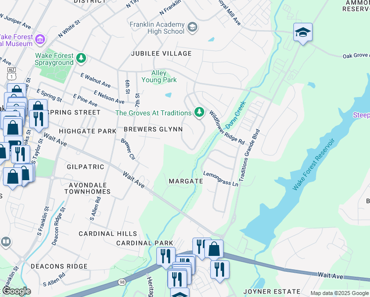 map of restaurants, bars, coffee shops, grocery stores, and more near 1133 Woodland Grove Way in Wake Forest