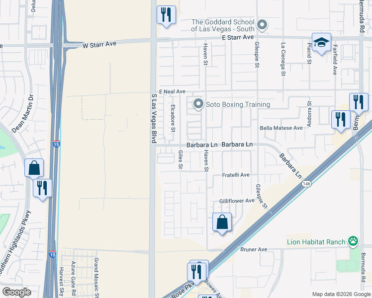 map of restaurants, bars, coffee shops, grocery stores, and more near 57 Wood Cliff Avenue in Las Vegas