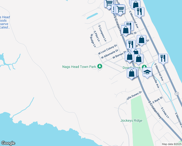 map of restaurants, bars, coffee shops, grocery stores, and more near 425 Health Center Drive in Nags Head