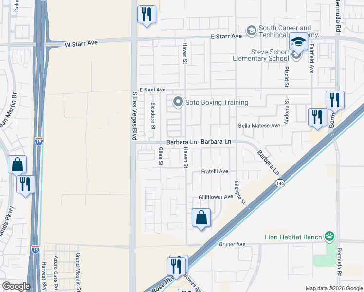 map of restaurants, bars, coffee shops, grocery stores, and more near 91 Wood Cliff Avenue in Las Vegas