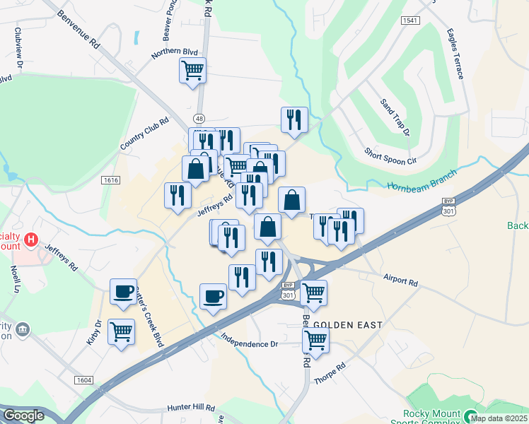map of restaurants, bars, coffee shops, grocery stores, and more near 1320 Benvenue Road in Rocky Mount