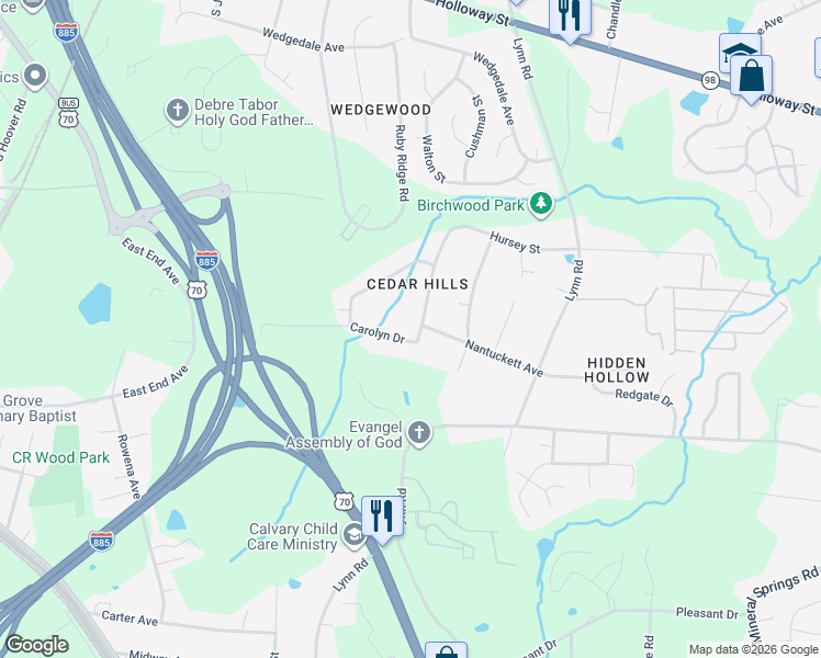 map of restaurants, bars, coffee shops, grocery stores, and more near 722 Sybil Drive in Durham