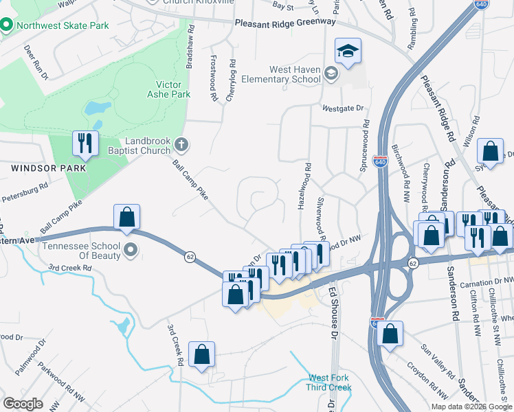 map of restaurants, bars, coffee shops, grocery stores, and more near 4537 Kinlock Lane in Knoxville