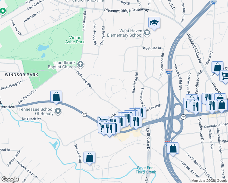 map of restaurants, bars, coffee shops, grocery stores, and more near 4537 Kinlock Lane in Knoxville