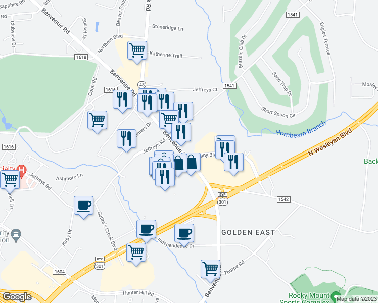 map of restaurants, bars, coffee shops, grocery stores, and more near 1320 Benvenue Road in Rocky Mount