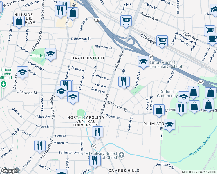 map of restaurants, bars, coffee shops, grocery stores, and more near 1012 South Alston Avenue in Durham