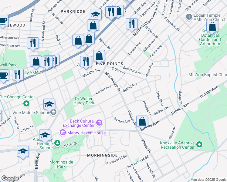 map of restaurants, bars, coffee shops, grocery stores, and more near 2043 298 Bethel Avenue in Knoxville