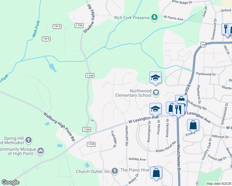 map of restaurants, bars, coffee shops, grocery stores, and more near 1615 Heathcliff Road in High Point