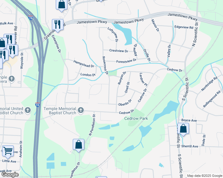 map of restaurants, bars, coffee shops, grocery stores, and more near 602 Rosecrest Drive in High Point