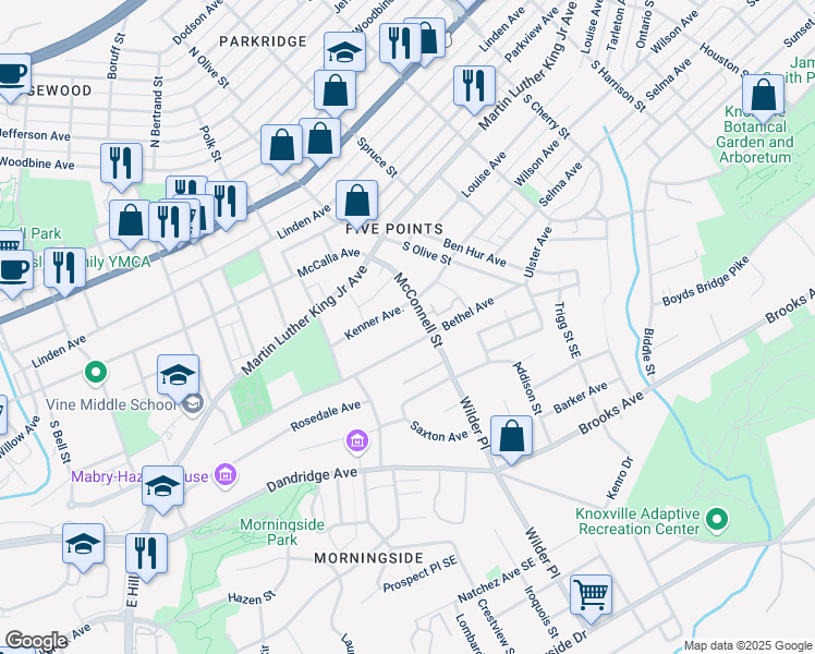 map of restaurants, bars, coffee shops, grocery stores, and more near 2043 298 Bethel Avenue in Knoxville