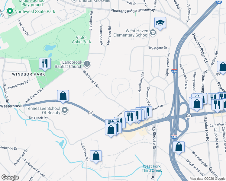 map of restaurants, bars, coffee shops, grocery stores, and more near 3251 Kingsmore Drive in Knoxville