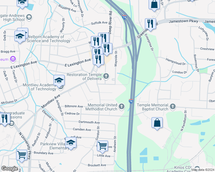 map of restaurants, bars, coffee shops, grocery stores, and more near 914 Beaumont Avenue in High Point