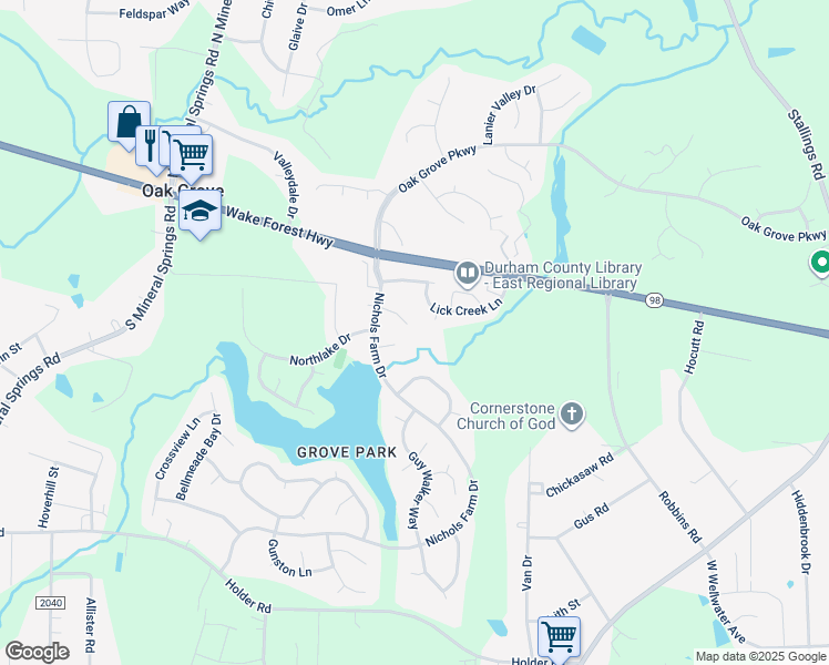 map of restaurants, bars, coffee shops, grocery stores, and more near 12 Chartwell Court in Durham