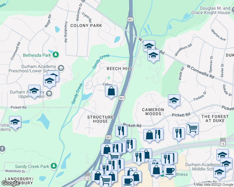 map of restaurants, bars, coffee shops, grocery stores, and more near 19 Marchmont Court in Durham