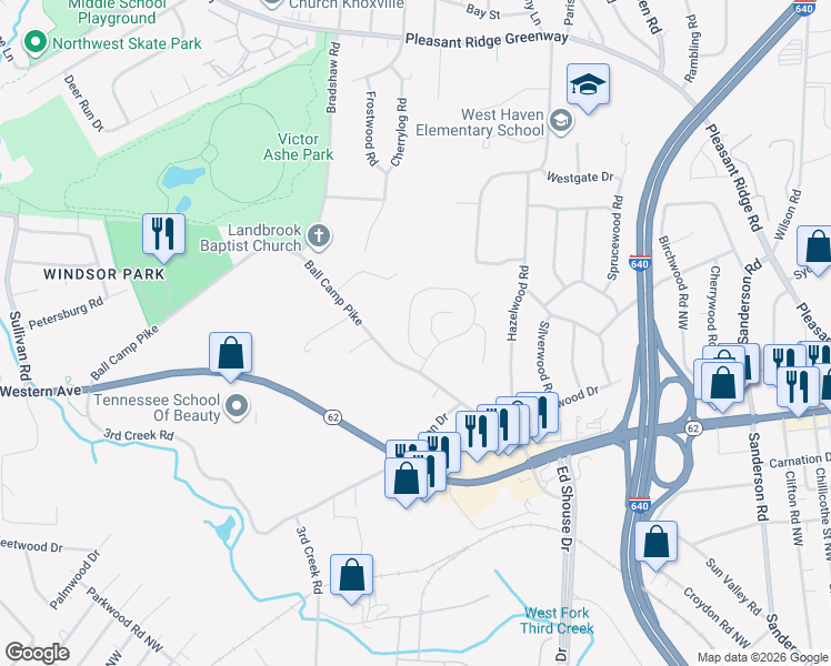 map of restaurants, bars, coffee shops, grocery stores, and more near 3251 Kingsmore Drive in Knoxville