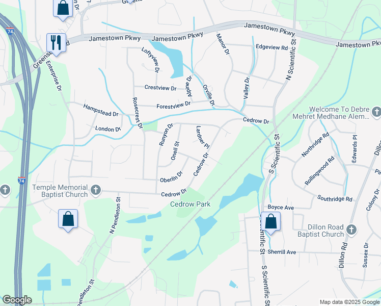map of restaurants, bars, coffee shops, grocery stores, and more near 406 Twain Avenue in High Point