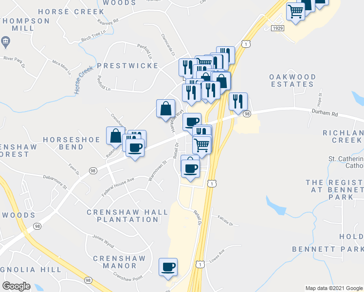 map of restaurants, bars, coffee shops, grocery stores, and more near 941 Durham Road in Wake Forest