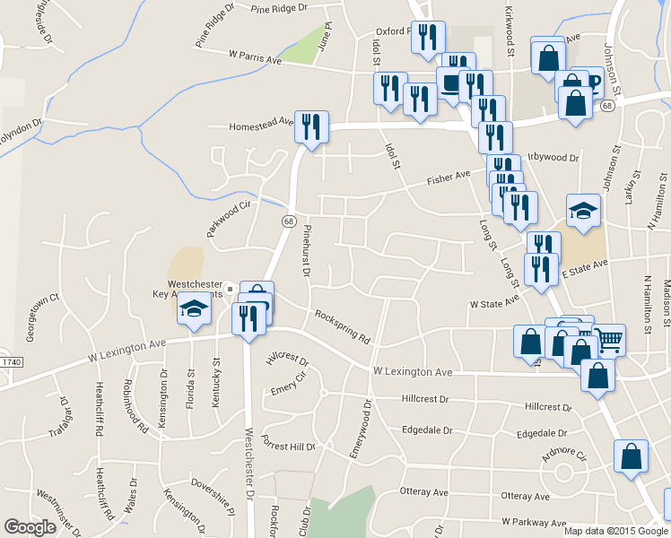map of restaurants, bars, coffee shops, grocery stores, and more near 1506 Overbrook Court in High Point