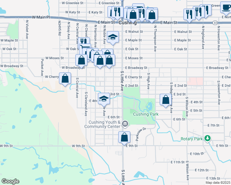 map of restaurants, bars, coffee shops, grocery stores, and more near 423 East 2nd Street in Cushing