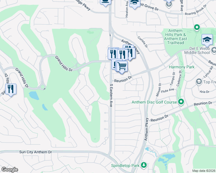 map of restaurants, bars, coffee shops, grocery stores, and more near 1349 Dilevante Drive in Henderson