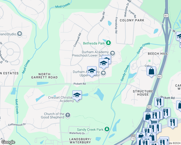 map of restaurants, bars, coffee shops, grocery stores, and more near 3522 Ridge Road in Durham