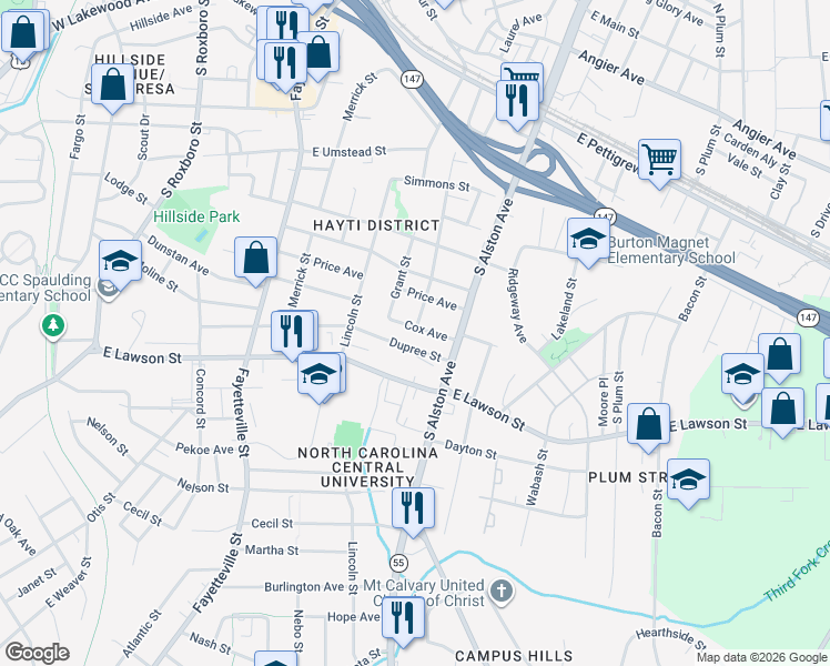 map of restaurants, bars, coffee shops, grocery stores, and more near 903 Cox Avenue in Durham