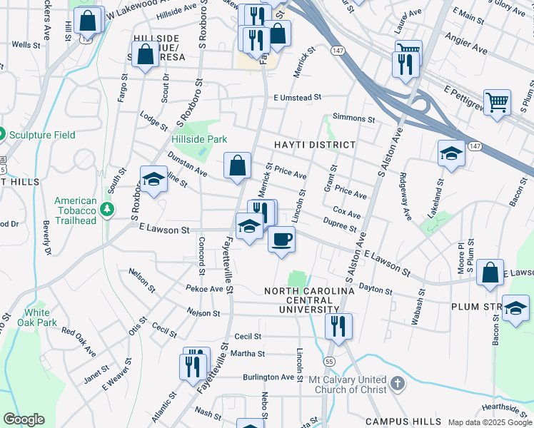 map of restaurants, bars, coffee shops, grocery stores, and more near 608 Dupree Street in Durham