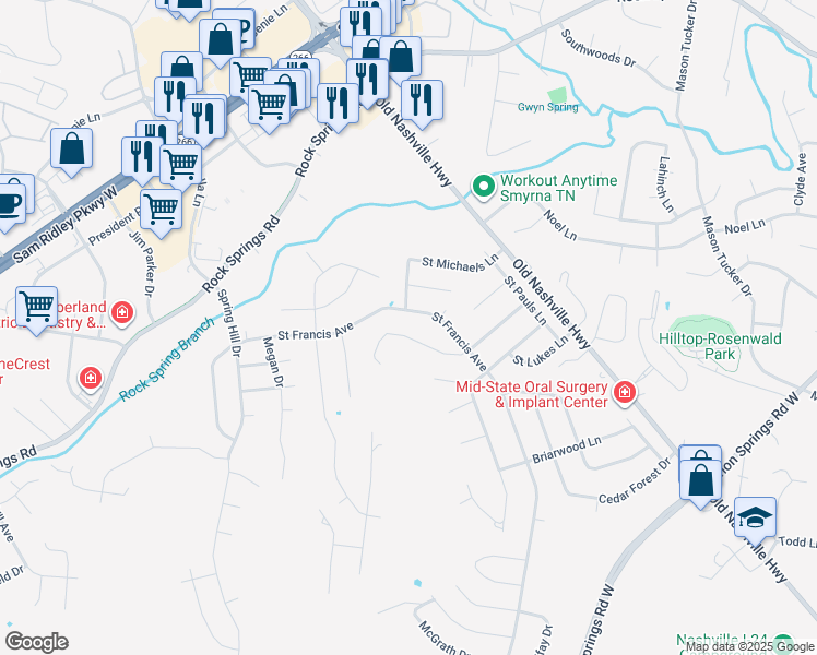 map of restaurants, bars, coffee shops, grocery stores, and more near 210 Saint Martins Lane in Smyrna
