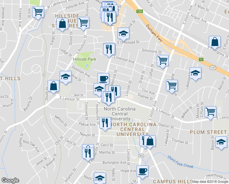 map of restaurants, bars, coffee shops, grocery stores, and more near 608 Dupree Street in Durham