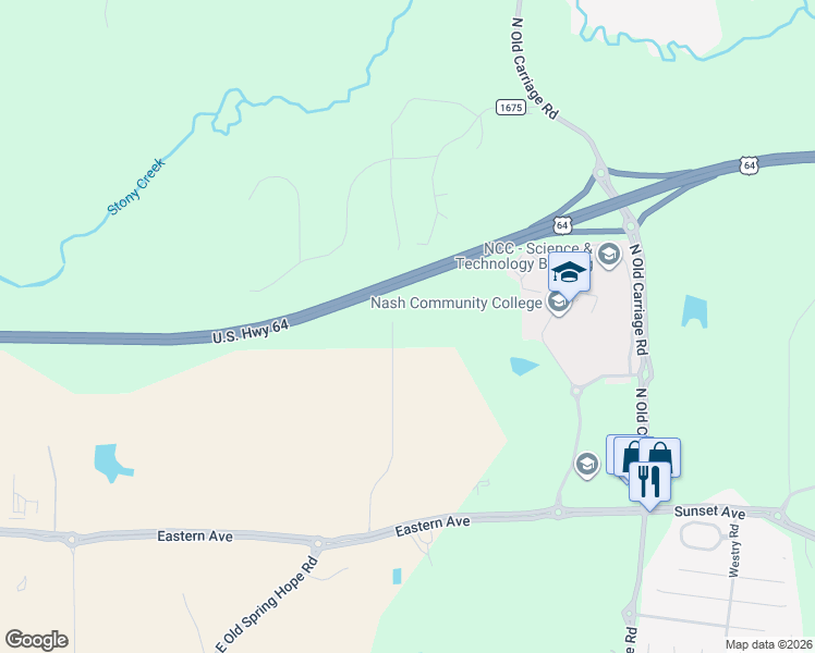 map of restaurants, bars, coffee shops, grocery stores, and more near 577 Shellcastle Road in Rocky Mount