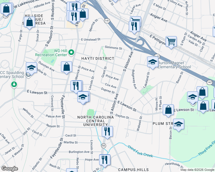 map of restaurants, bars, coffee shops, grocery stores, and more near 903 Cox Avenue in Durham
