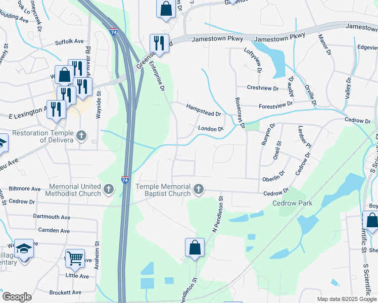 map of restaurants, bars, coffee shops, grocery stores, and more near 1013 Charing Cross Lane in High Point