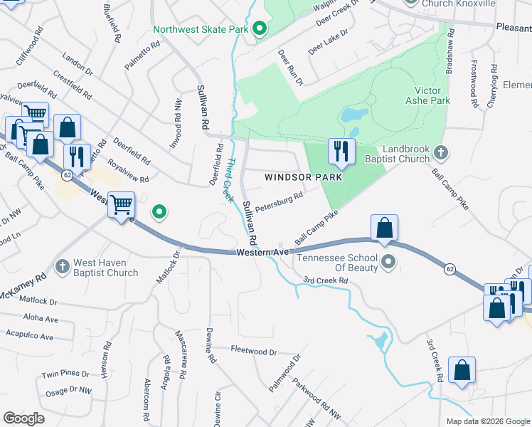 map of restaurants, bars, coffee shops, grocery stores, and more near 4933 Petersburg Road in Knoxville