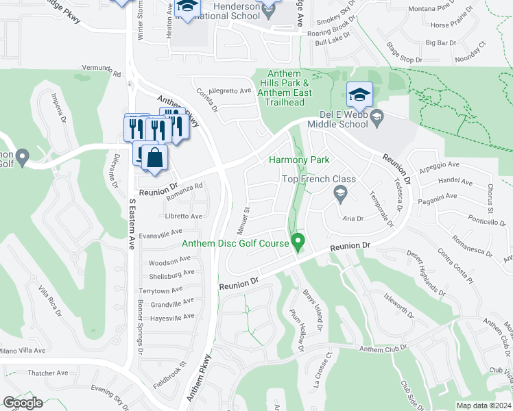 map of restaurants, bars, coffee shops, grocery stores, and more near 1336 Minuet Street in Henderson