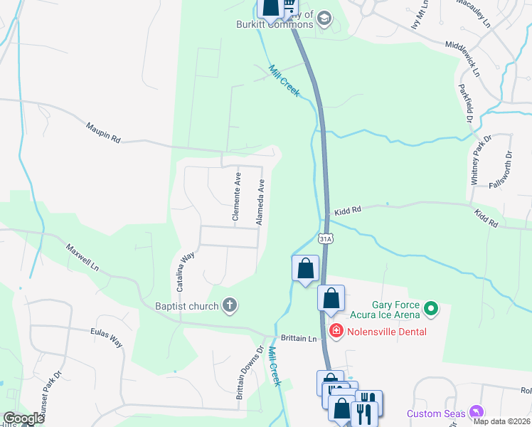map of restaurants, bars, coffee shops, grocery stores, and more near 736 Alameda Avenue in Nolensville