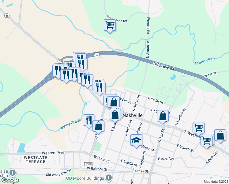 map of restaurants, bars, coffee shops, grocery stores, and more near North Drake Street in Nashville