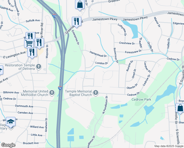 map of restaurants, bars, coffee shops, grocery stores, and more near 1013 Charing Cross Lane in High Point