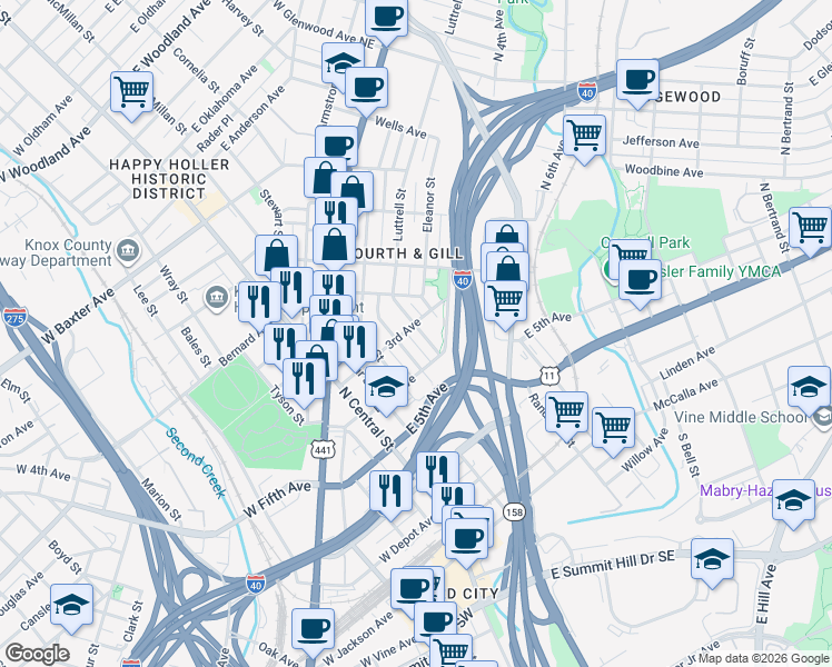 map of restaurants, bars, coffee shops, grocery stores, and more near 703 Luttrell Street in Knoxville