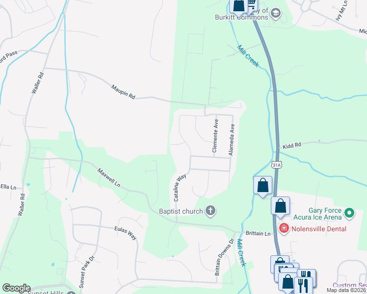 map of restaurants, bars, coffee shops, grocery stores, and more near 2301 Redondo Court in Nolensville