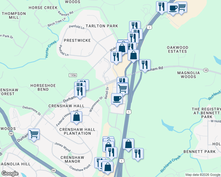 map of restaurants, bars, coffee shops, grocery stores, and more near 941 Durham Road in Wake Forest