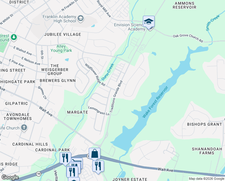 map of restaurants, bars, coffee shops, grocery stores, and more near 1308 Reservoir Lane in Wake Forest