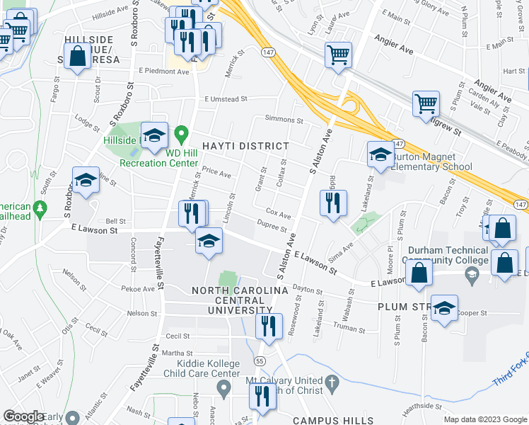 map of restaurants, bars, coffee shops, grocery stores, and more near 806 Cox Avenue in Durham