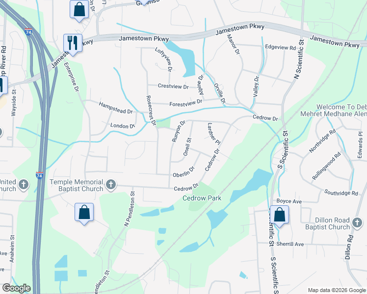 map of restaurants, bars, coffee shops, grocery stores, and more near 701 Oneil Street in High Point