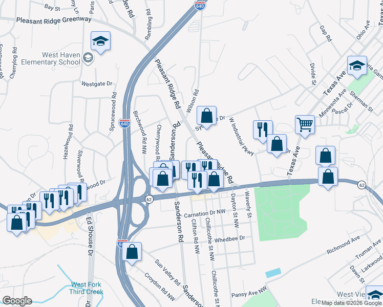 map of restaurants, bars, coffee shops, grocery stores, and more near 3717 Orangewood Road Northwest in Knoxville