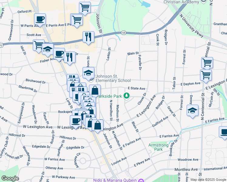 map of restaurants, bars, coffee shops, grocery stores, and more near 1450 North Hamilton Street in High Point