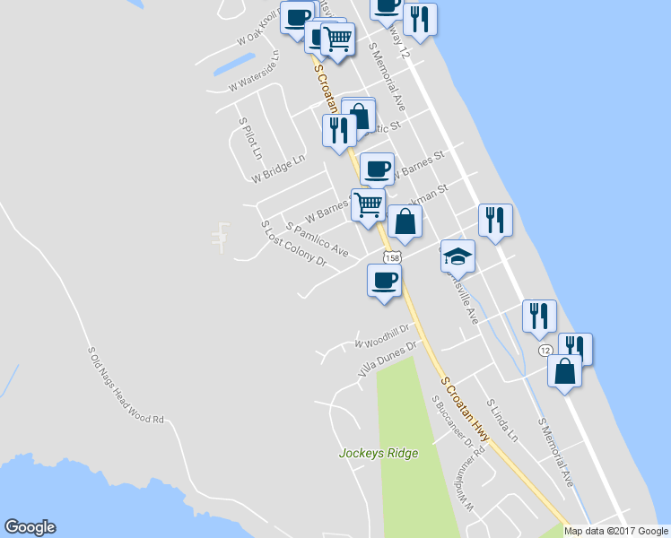 map of restaurants, bars, coffee shops, grocery stores, and more near 2913 South Lost Colony Drive in Nags Head