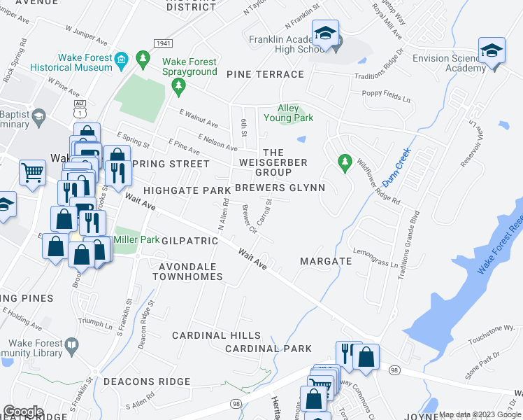 map of restaurants, bars, coffee shops, grocery stores, and more near 165 Carroll Street in Wake Forest