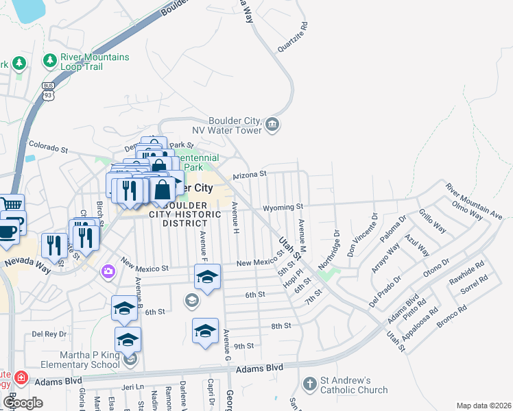 map of restaurants, bars, coffee shops, grocery stores, and more near 537 Avenue I in Boulder City